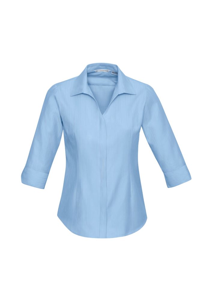 Ladies Preston 3/4 Sleeve Shirt in blue, size 18, features a stylish V-neck, easy-care fabric, and elegant self-stripe pattern.