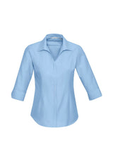 Ladies Preston 3/4 Sleeve Shirt in blue, size 18, features a stylish V-neck, easy-care fabric, and elegant self-stripe pattern.