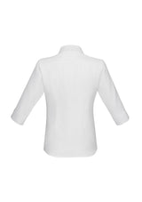 Ladies Preston 3/4 Sleeve Shirt in white, size 8, featuring a cut-away V-neck and self-stripe pattern for elegant versatility.