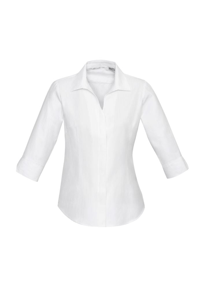 Ladies Preston 3/4 Sleeve White Shirt in size 6, featuring a V-neckline, concealed collar, and self-stripe pattern.