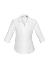 Ladies Preston 3/4 Sleeve White Shirt in size 6, featuring a V-neckline, concealed collar, and self-stripe pattern.