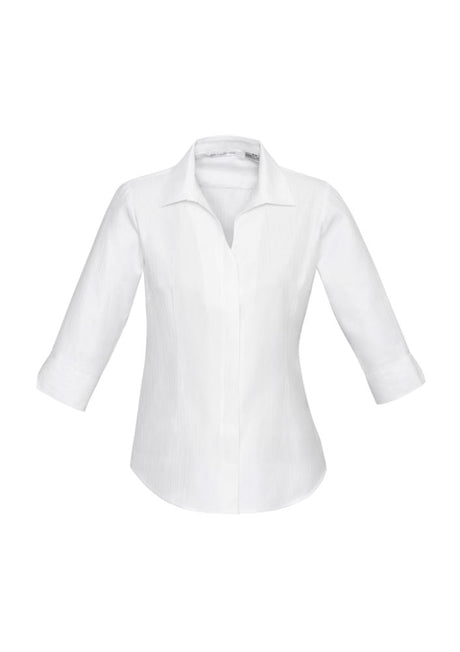 Ladies Preston 3/4 Sleeve White Shirt in size 6, featuring a V-neckline, concealed collar, and self-stripe pattern.
