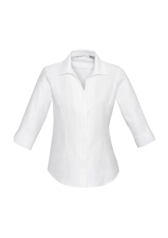 Ladies Preston 3/4 Sleeve White Shirt in size 6, featuring a V-neckline, concealed collar, and self-stripe pattern.