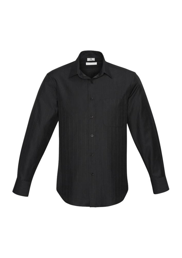 Men's black long sleeve Preston shirt in size XL, featuring a self-stripe pattern, narrow collar, and easy-care fabric.