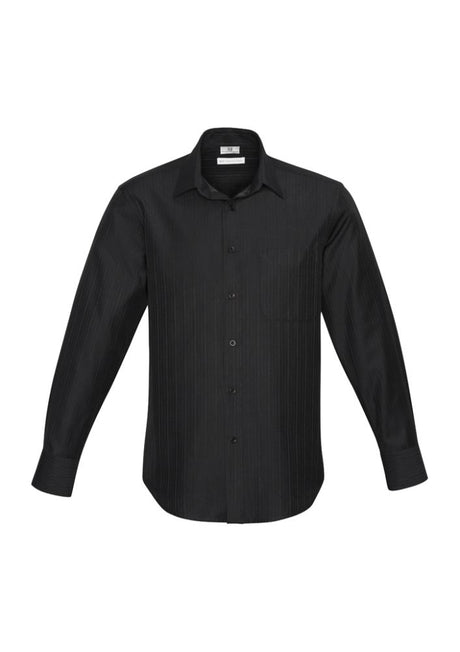 Men's Preston Long Sleeve Shirt in black, size L, featuring a self-stripe pattern and modern narrow collar for stylish comfort.