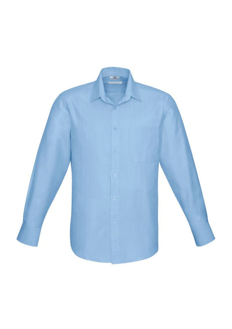 Men's Preston Long Sleeve Shirt in Blue, 2XL, featuring self-stripe pattern, adjustable cuffs, and twin back shoulder pleats.