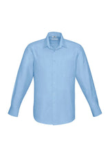 Mens Preston Long Sleeve Shirt in blue, featuring self-stripe pattern, modern collar, and adjustable cuffs, size XL.