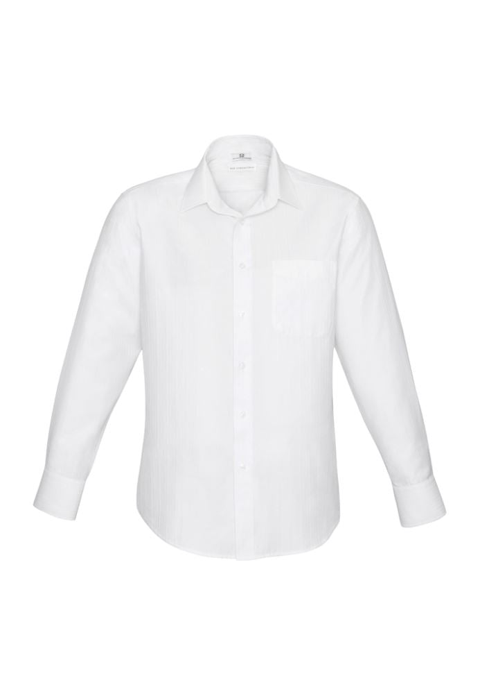 Men's Preston Long Sleeve Shirt in white, size S, featuring self-stripe pattern, narrow collar, and adjustable cuffs.