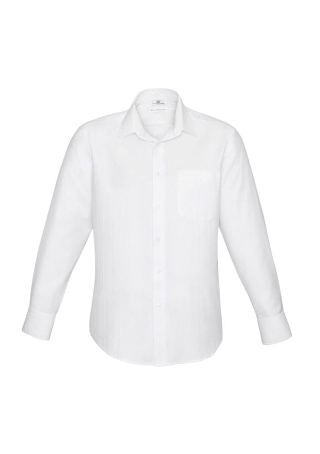 Men's Preston Long Sleeve Shirt in white, size S, featuring self-stripe pattern, narrow collar, and adjustable cuffs.