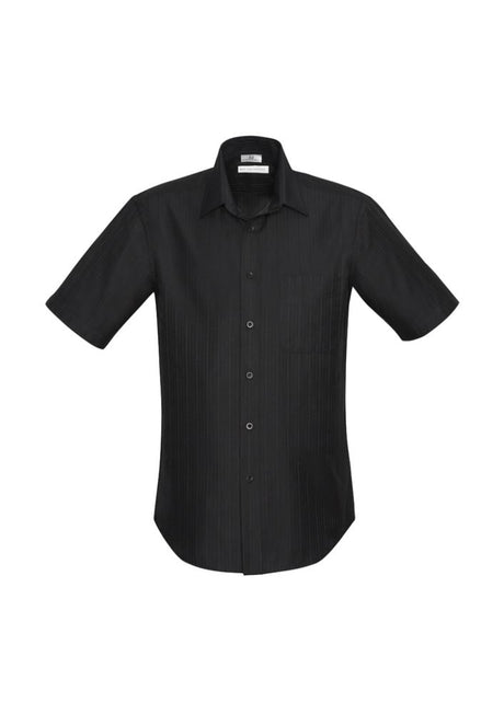 Men's Preston Short Sleeve Shirt in Black, XL, featuring self-stripe, modern collar, and comfortable polyester-cotton blend.