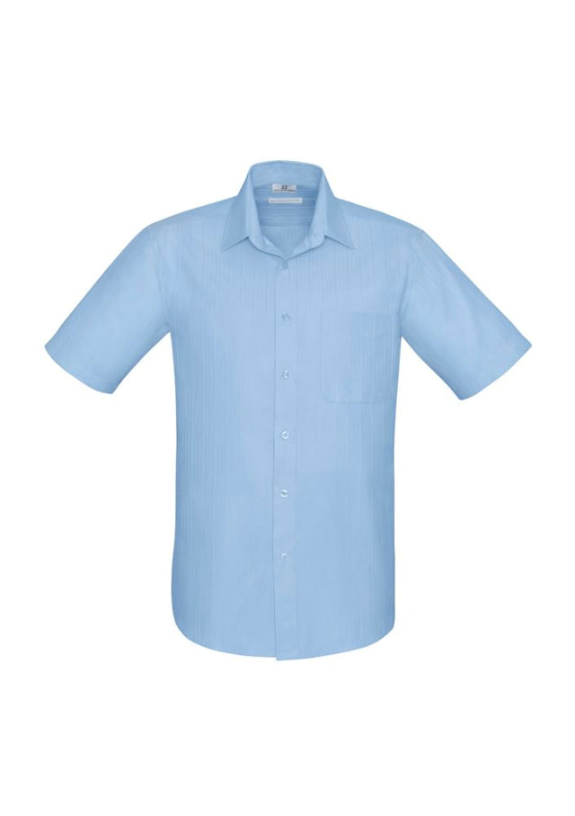 Men's blue Preston short sleeve shirt in 3XL, featuring self-stripe pattern, adjustable cuffs, and breathable fabric.