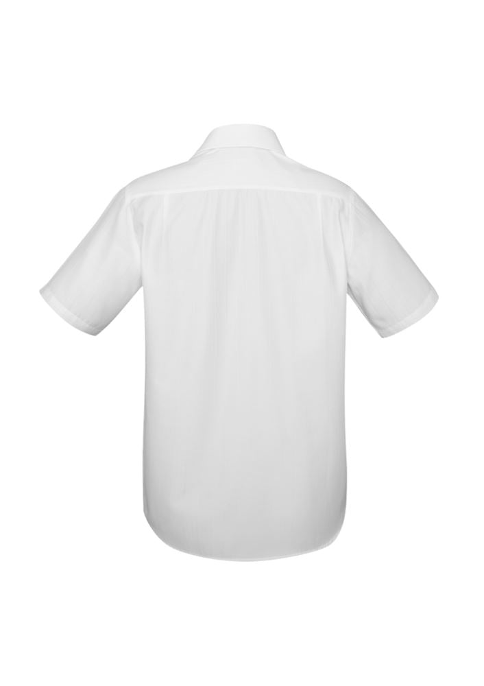 White short sleeve men's shirt in size XL, featuring a self-stripe pattern, narrow collar, and adjustable cuffs for comfort and style.