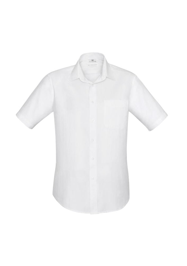 Men's Preston Short Sleeve Shirt in White, featuring a self-stripe pattern, modern collar, and adjustable cuffs for comfort.