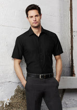 Men's Preston Short Sleeve Shirt in blue, size 5XL, featuring a self-stripe pattern, narrow collar, and breathable fabric.