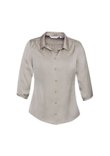 Ladies Shimmer Blouse in Champagne, Size 14, features elegant polyester satin, pleat details, 3/4 sleeves, and chic button accents.
