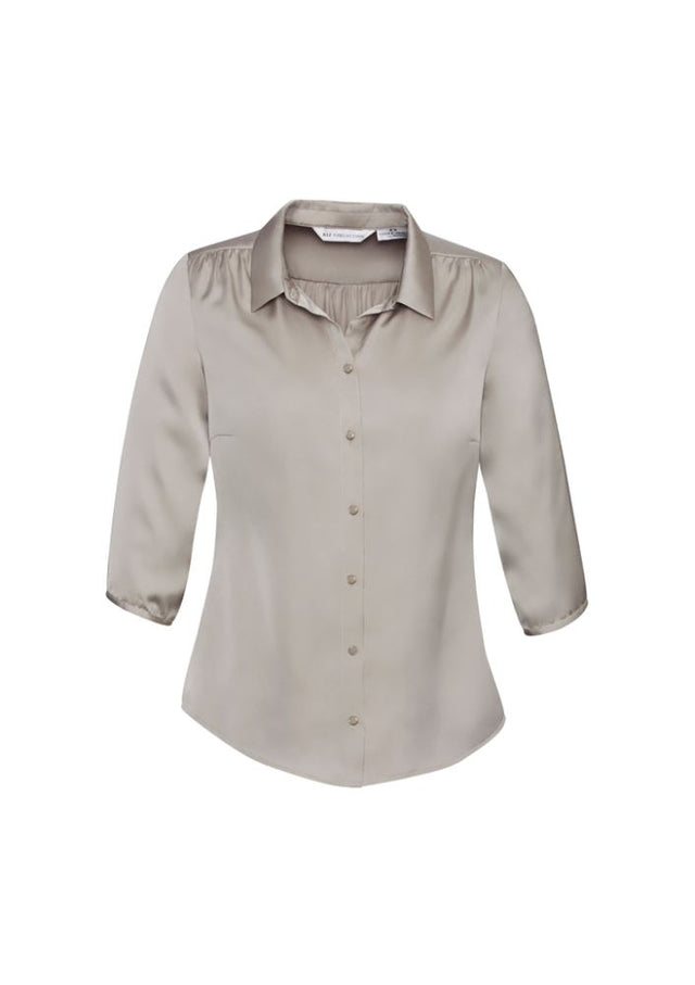 Ladies Shimmer Blouse in Champagne, Size 14, features elegant polyester satin, pleat details, 3/4 sleeves, and chic button accents.