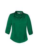 Ladies New Green shimmer blouse in size 14, featuring shoulder pleats, 3/4 sleeves, and metal-trimmed buttons for elegant style.