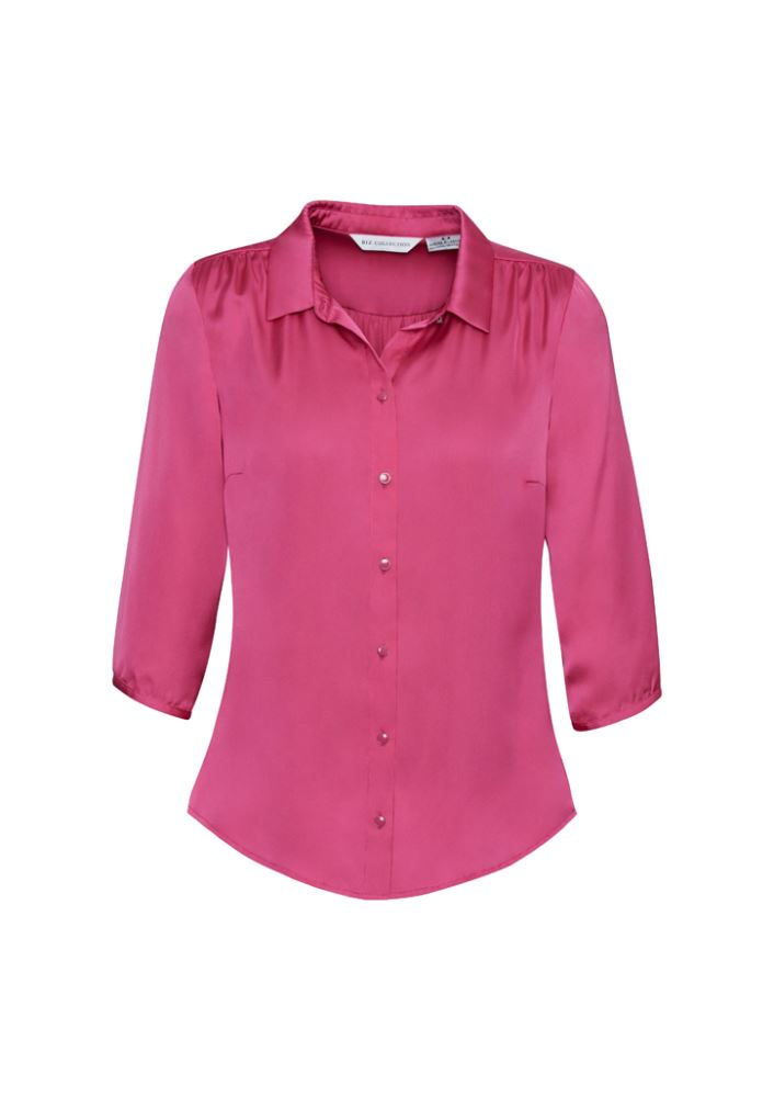 Ladies Shimmer Blouse in vibrant Poppy, size 20, featuring elegant satin fabric, pleated shoulders, and chic 3/4 sleeves.