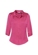 Ladies Shimmer Blouse in vibrant Poppy, size 20, featuring elegant satin fabric, pleated shoulders, and chic 3/4 sleeves.