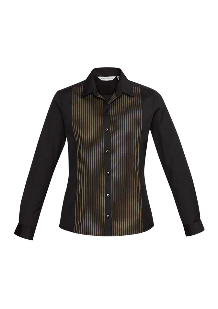Ladies black and copper gold long sleeve shirt, featuring a concealed placket, adjustable cuffs, and flattering darts, size 16.