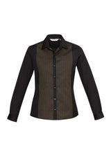 Ladies black and copper gold long sleeve shirt, featuring a concealed placket, adjustable cuffs, and flattering darts, size 16.