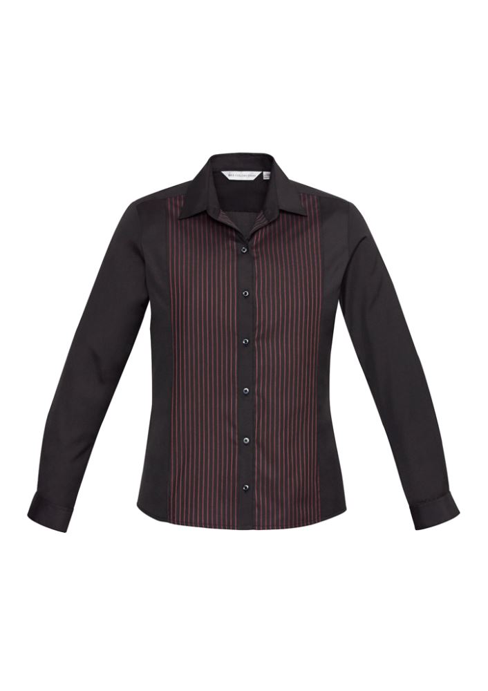 Black and port wine long sleeve shirt for women, featuring concealed placket, waist darts, and adjustable cuffs. Size 8.