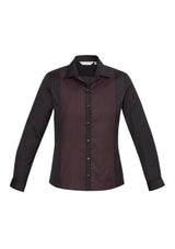 Black and port wine long sleeve shirt for women, featuring concealed placket, waist darts, and adjustable cuffs. Size 8.