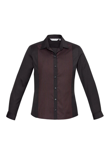 Black and port wine long sleeve shirt for women, featuring concealed placket, waist darts, and adjustable cuffs. Size 8.
