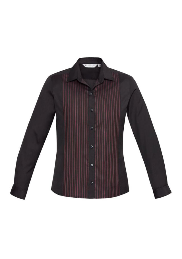 Black and port wine long sleeve shirt for women, featuring concealed placket, waist darts, and adjustable cuffs. Size 8.