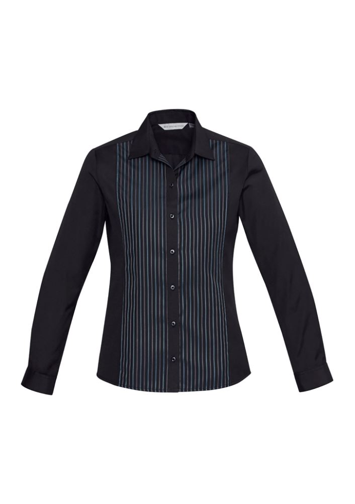 Ladies long sleeve shirt in black and teal blue, featuring adjustable cuffs and a flattering fit, perfect for any occasion.