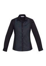 Ladies Reno Panel Long Sleeve Shirt in Black and Teal Blue, Size 6, featuring a stylish design with concealed placket and adjustable cuffs.