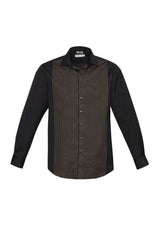 Men's black and copper gold long sleeve shirt featuring a dobby stripe, designed for comfort with adjustable cuffs and UPF protection.