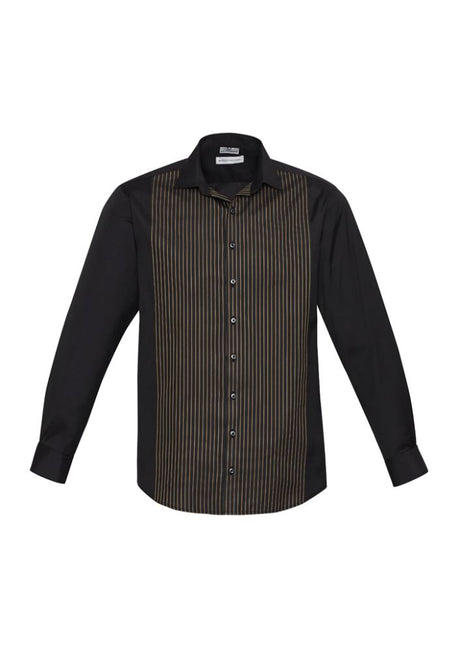 Men's black and copper gold long sleeve shirt featuring a dobby stripe, designed for comfort with adjustable cuffs and UPF protection.