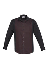 Mens Reno Panel Long Sleeve Shirt in Black/Port Wine, size 4XL, featuring stylish dobby weave stripe and adjustable cuffs.