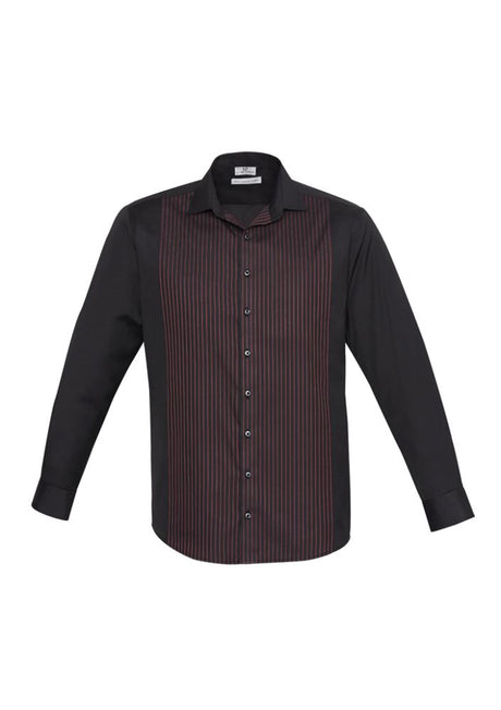 Mens Reno Panel Long Sleeve Shirt in Black/Port Wine, size 4XL, featuring stylish dobby weave stripe and adjustable cuffs.