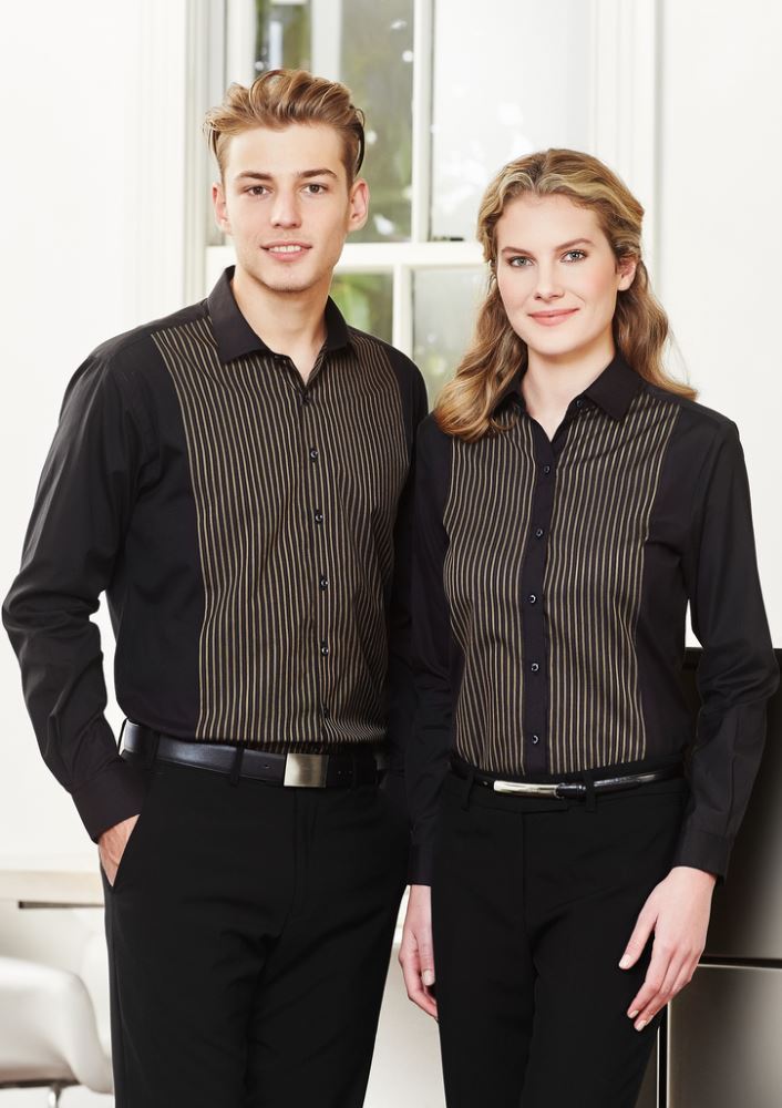 Men's long sleeve shirt in black/copper gold, featuring dobby weave stripe, UPF protection, and adjustable cuff for versatile styling.