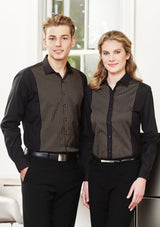 Men's Reno Panel Long Sleeve Shirt in black and teal blue, featuring breathable fabric, stylish dobby weave, and UPF protection.