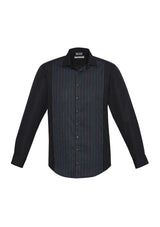 Men's Reno Panel Long Sleeve Shirt in Black/Teal Blue, featuring comfortable fabric, UPF protection, and versatile styling options.