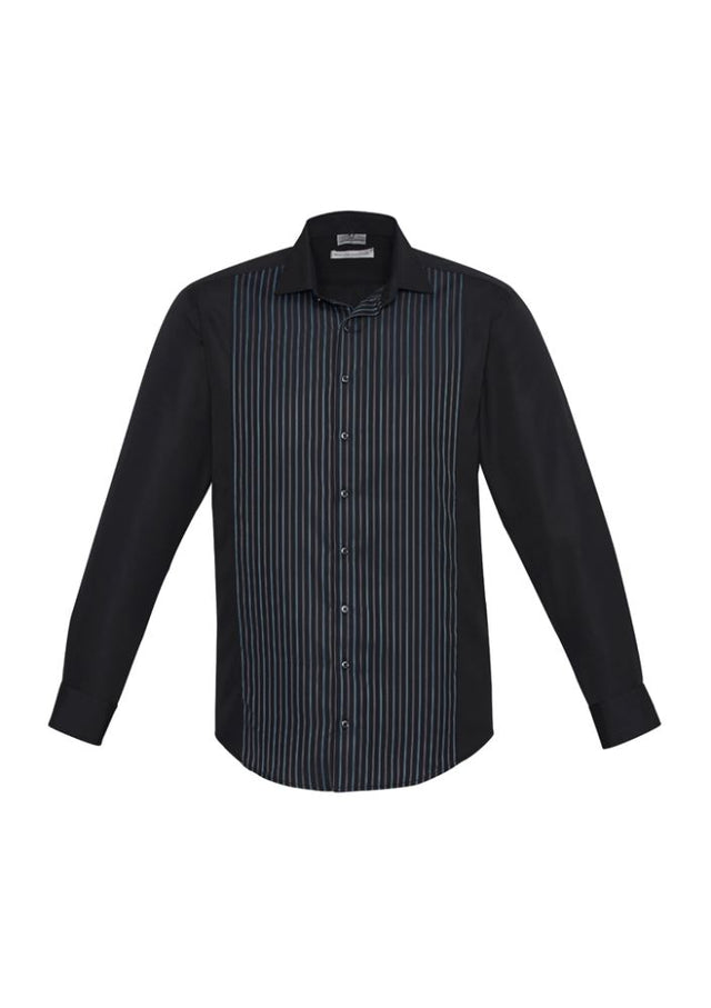 Men's Reno Panel Long Sleeve Shirt in Black/Teal Blue, featuring comfortable fabric, UPF protection, and versatile styling options.
