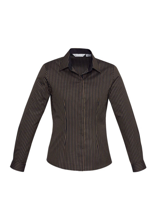 Ladies Reno Stripe Long Sleeve Shirt in Copper Gold, size 10, featuring a stylish design with darts and adjustable cuffs.