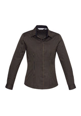 Ladies Copper Gold Reno Stripe Long Sleeve Shirt, featuring a chic design, UPF protection, and adjustable cuffs in Size 8.
