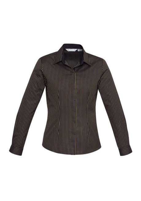 Ladies Copper Gold Reno Stripe Long Sleeve Shirt, featuring a chic design, UPF protection, and adjustable cuffs in Size 8.