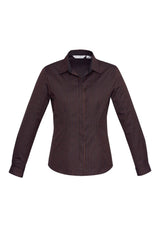 Ladies Reno Stripe Long Sleeve Shirt in Port Wine, Size 18, featuring a stylish design, adjustable cuffs, and flattering fit.