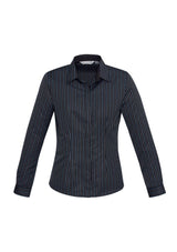 Teal blue long sleeve shirt with yarn-dyed stripes, adjustable cuffs, and curved hem for stylish versatility in Size 20.