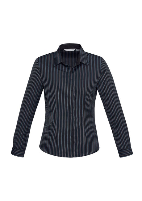 Teal blue long sleeve shirt with yarn-dyed stripes, adjustable cuffs, and curved hem for stylish versatility in Size 20.