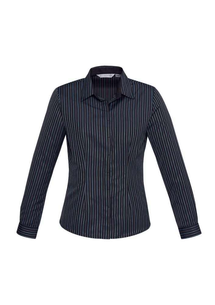 Teal blue long sleeve shirt with yarn-dyed stripes, a concealed placket, and adjustable cuffs, perfect for versatile styling.