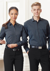 Port wine ladies' long sleeve shirt with yarn-dyed stripes, tailored fit, UPF protection, and adjustable cuffs.