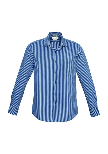 Men's Zurich Long Sleeve Shirt in Blue/White, XL, featuring stretch stripe fabric, modern collar, and UPF sun protection.