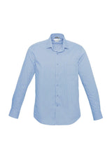 Men's Zurich Long Sleeve Shirt in Ice Blue/White, featuring a modern collar, adjustable cuffs, and a stylish curved hem.