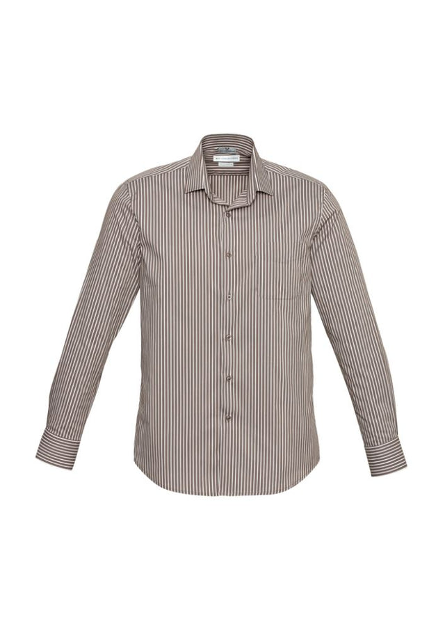 Mocha and white striped long sleeve shirt for men, featuring a modern collar, adjustable cuffs, and UPF protection. Size 2XL.